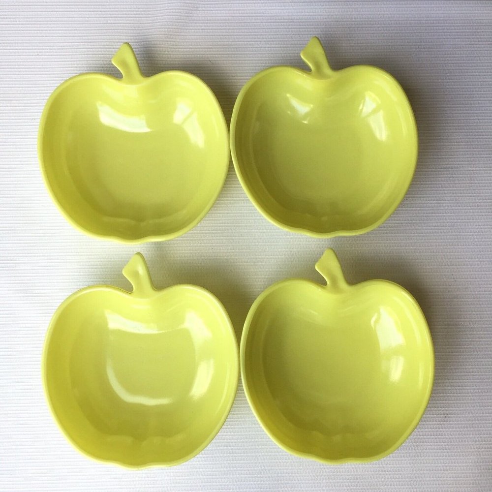 Hazel Atlas Bowl Dish Dessert Milk Glass Orchard Apple Shape Yellow Vintage Set